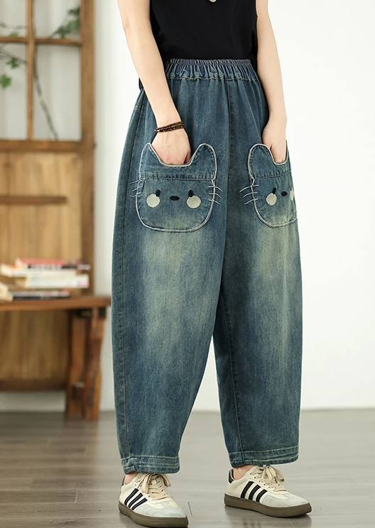 Vintage Plus Size Elastic Waist Personalized Pocket Denim Harem Pants Mssza