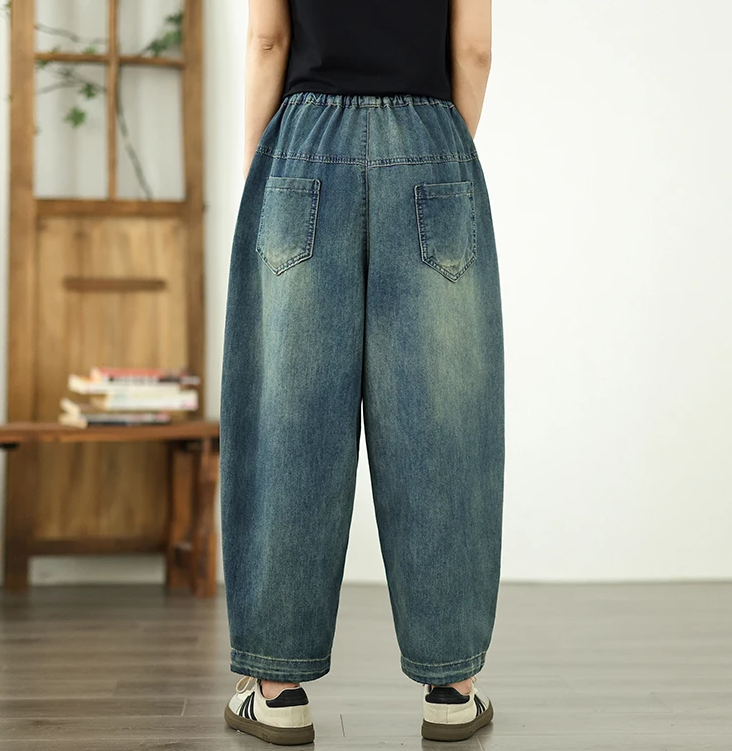 Vintage Plus Size Elastic Waist Personalized Pocket Denim Harem Pants Mssza