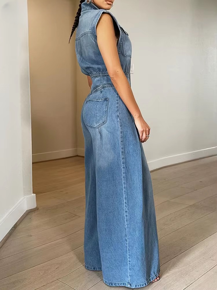 Vintage Pocket Sleeveless Single Breasted Street Overalls Loose Denim Wide Leg Pants Jumpsuit Mssza