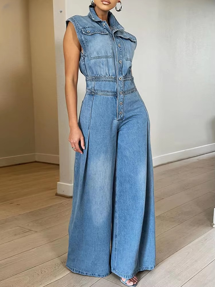 Vintage Pocket Sleeveless Single Breasted Street Overalls Loose Denim Wide Leg Pants Jumpsuit Mssza