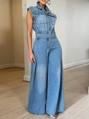 Vintage Pocket Sleeveless Single Breasted Street Overalls Loose Denim Wide Leg Pants Jumpsuit Mssza