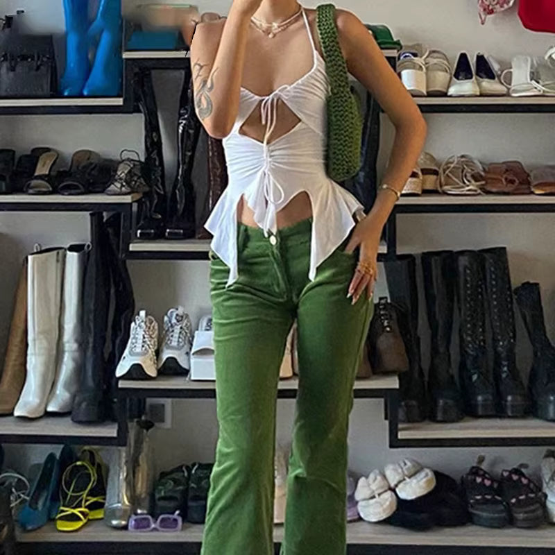 Vintage Polyester Ruffles Strappy Halter Slight Stretch Crop Top Mssza