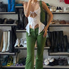 Vintage Polyester Ruffles Strappy Halter Slight Stretch Crop Top Mssza