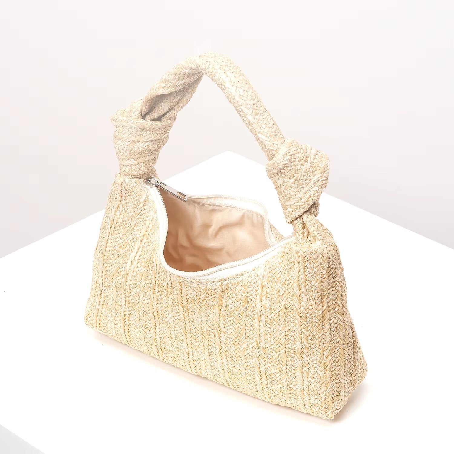 Vintage Polyester Zipper Woven Knotted Handbag Mssza