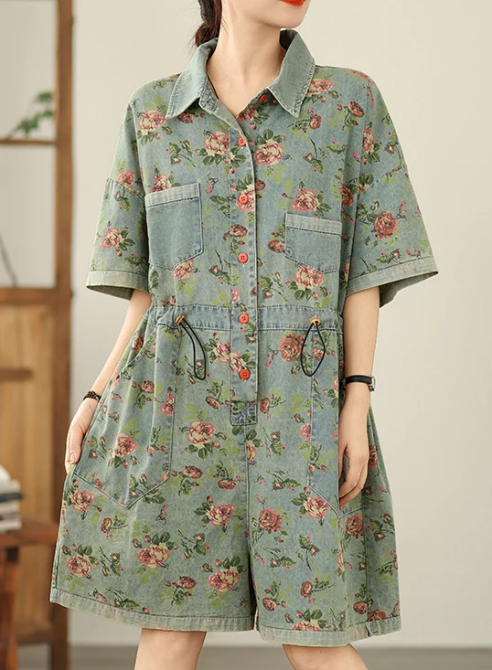 Vintage Print Denim Overalls Loose Plus Size Thin Jumpsuit Mssza