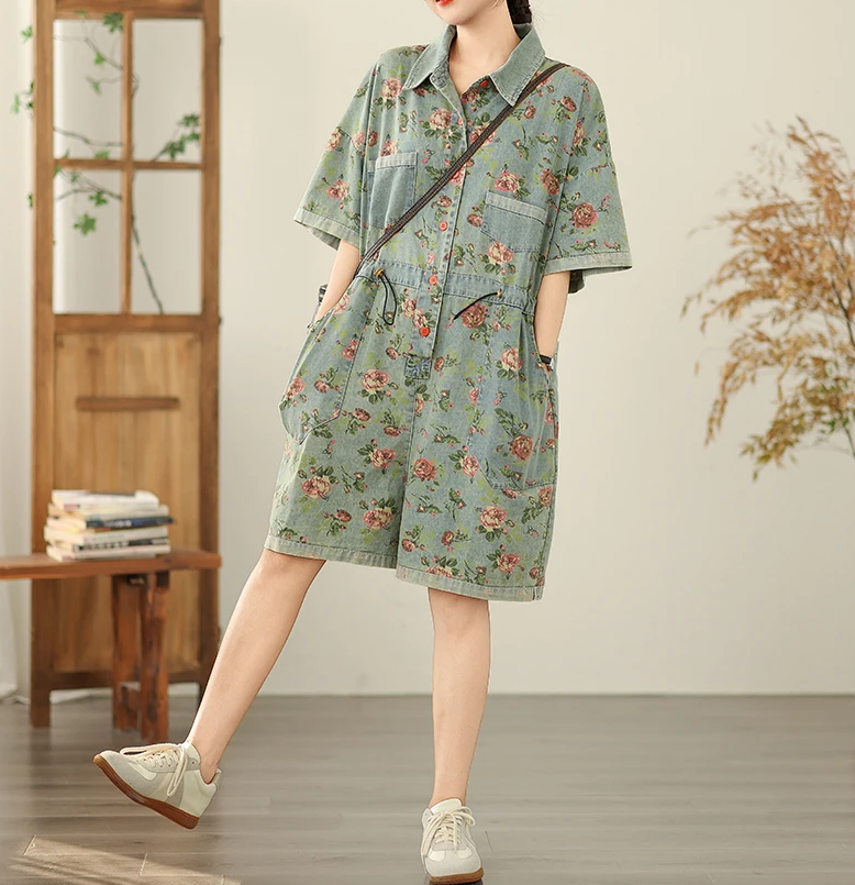 Vintage Print Denim Overalls Loose Plus Size Thin Jumpsuit Mssza