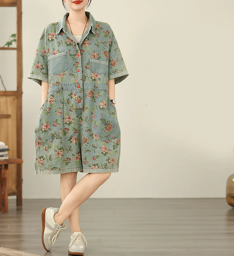 Vintage Print Denim Overalls Loose Plus Size Thin Jumpsuit Mssza