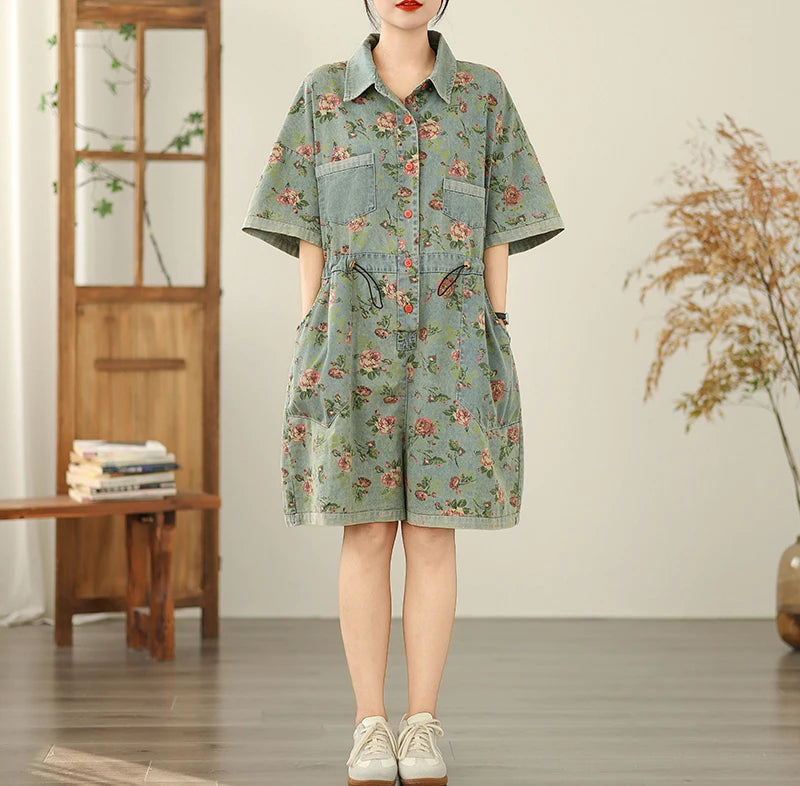 Vintage Print Denim Overalls Loose Plus Size Thin Jumpsuit Mssza