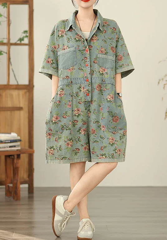 Vintage Print Denim Overalls Loose Plus Size Thin Jumpsuit Mssza