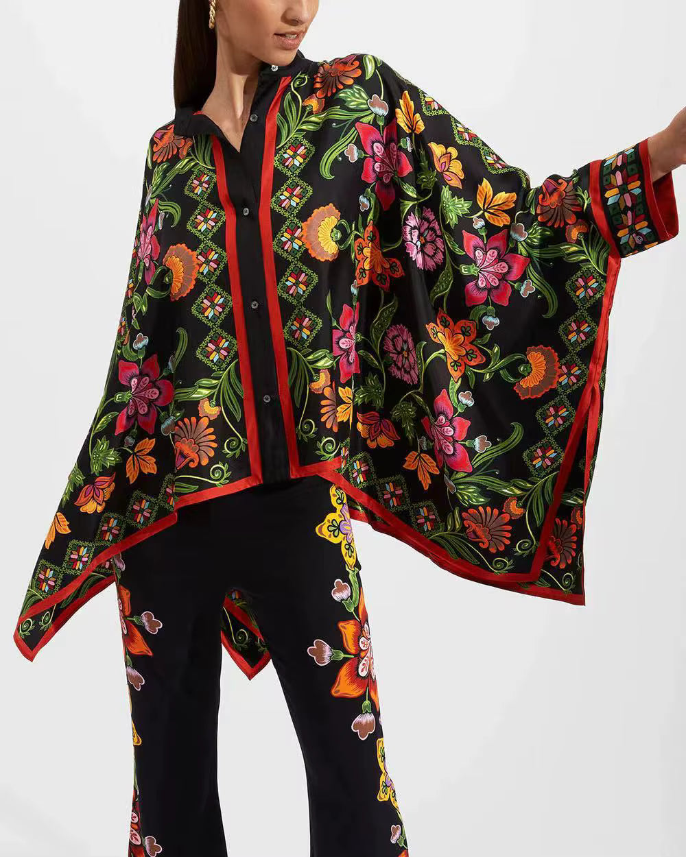 Vintage Print Wide Leg Pants Loose Long Sleeve Shirt Two Piece Set Mssza