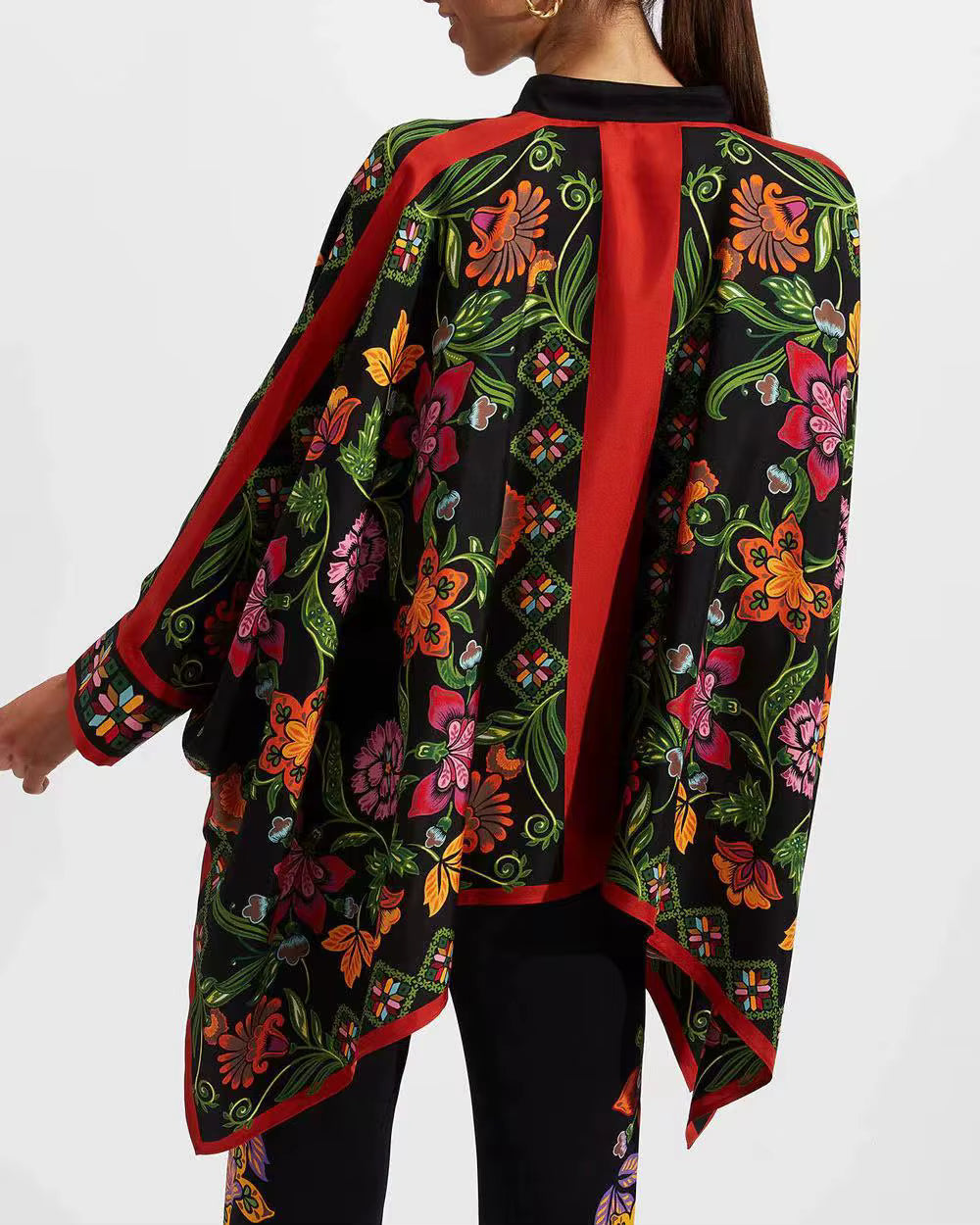 Vintage Print Wide Leg Pants Loose Long Sleeve Shirt Two Piece Set Mssza