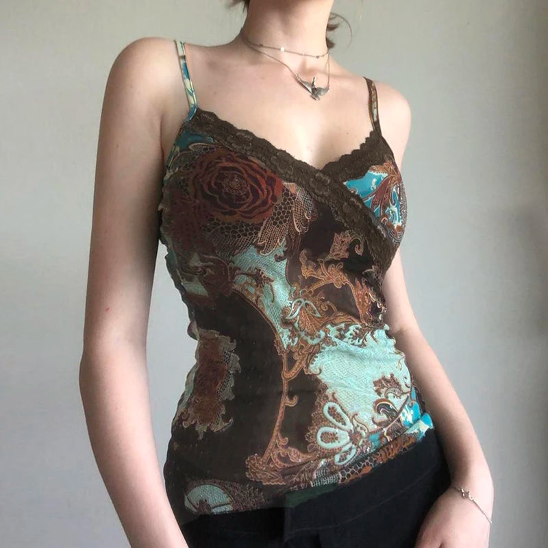 Vintage Printed Lace Patchwork Camisoles Casual Spaghetti Strap Slim Fit Tank Tops Mssza