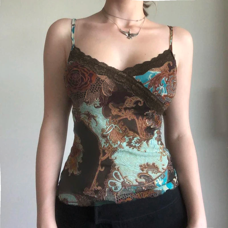Vintage Printed Lace Patchwork Camisoles Casual Spaghetti Strap Slim Fit Tank Tops Mssza