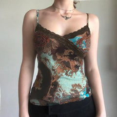 Vintage Printed Lace Patchwork Camisoles Casual Spaghetti Strap Slim Fit Tank Tops Mssza