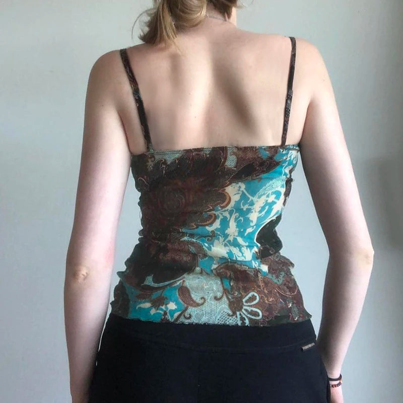 Vintage Printed Lace Patchwork Camisoles Casual Spaghetti Strap Slim Fit Tank Tops Mssza