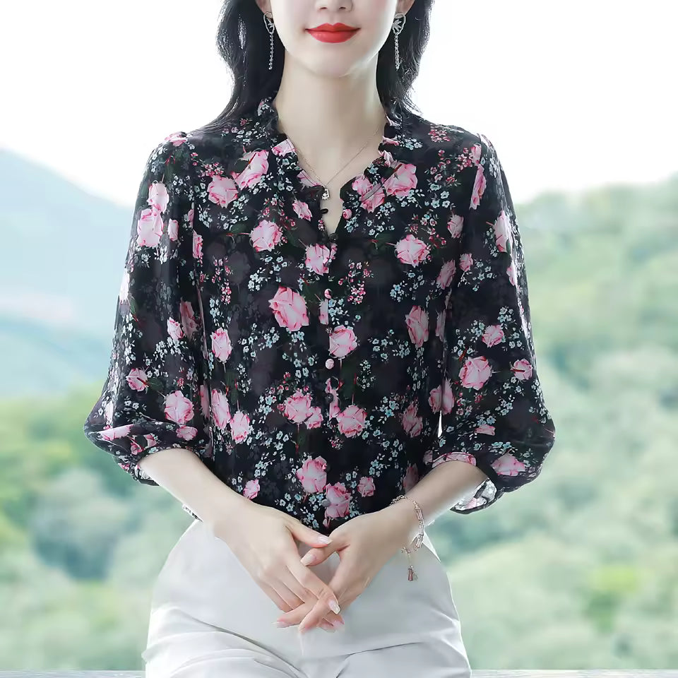 Vintage Pullovers Ruffled Collar Half Sleeve Printed Chiffon Shirt Mssza