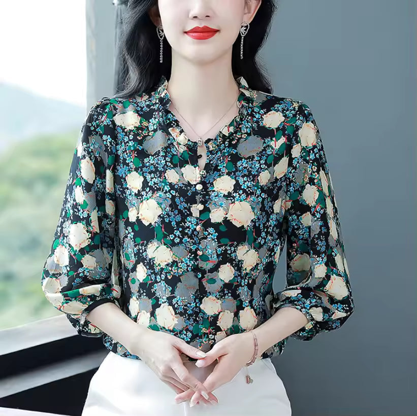 Vintage Pullovers Ruffled Collar Half Sleeve Printed Chiffon Shirt Mssza