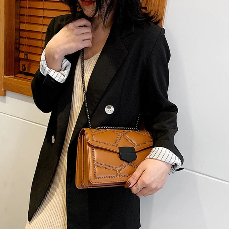 Vintage Rivet Chain Flap PU Leather Small Square Crossbody Bag Mssza