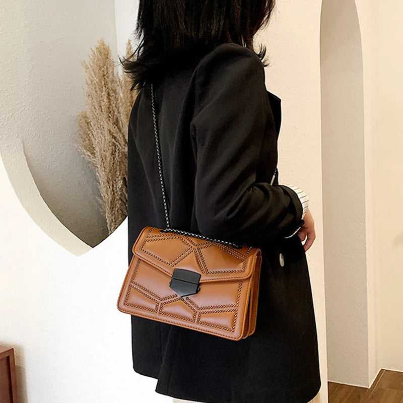 Vintage Rivet Chain Flap PU Leather Small Square Crossbody Bag Mssza