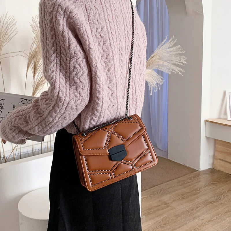 Vintage Rivet Chain Flap PU Leather Small Square Crossbody Bag Mssza