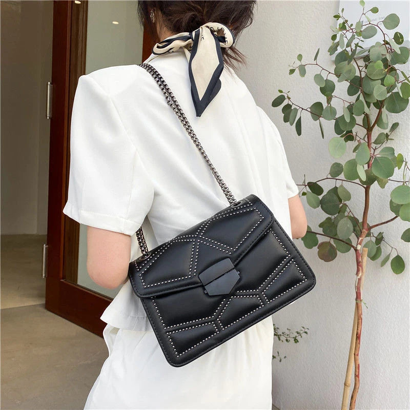 Vintage Rivet Chain Flap PU Leather Small Square Crossbody Bag Mssza