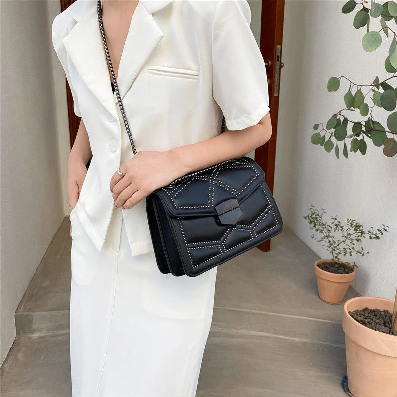 Vintage Rivet Chain Flap PU Leather Small Square Crossbody Bag Mssza