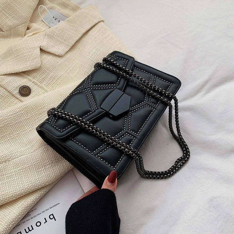 Vintage Rivet Chain Flap PU Leather Small Square Crossbody Bag Mssza