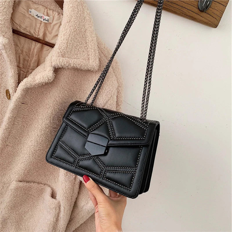 Vintage Rivet Chain Flap PU Leather Small Square Crossbody Bag Mssza