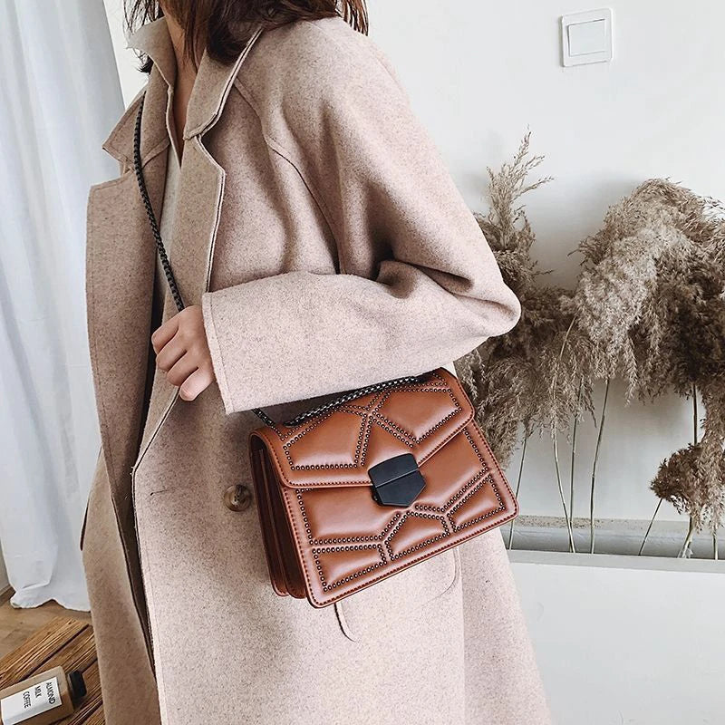 Vintage Rivet Chain Flap PU Leather Small Square Crossbody Bag Mssza