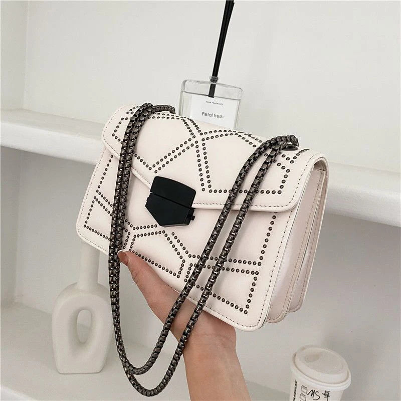 Vintage Rivet Chain Flap PU Leather Small Square Crossbody Bag Mssza