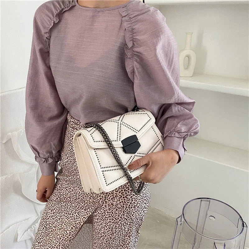 Vintage Rivet Chain Flap PU Leather Small Square Crossbody Bag Mssza