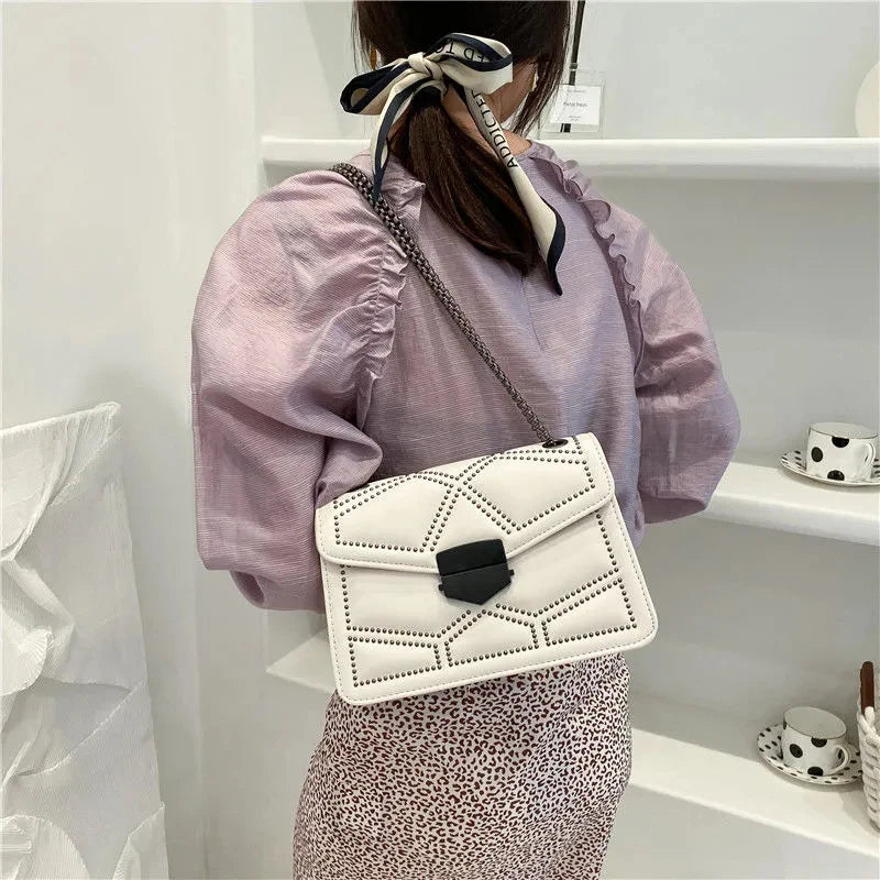 Vintage Rivet Chain Flap PU Leather Small Square Crossbody Bag Mssza