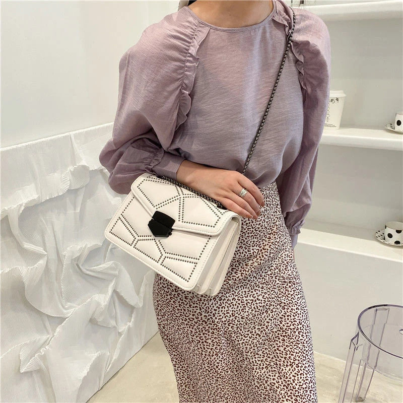 Vintage Rivet Chain Flap PU Leather Small Square Crossbody Bag Mssza