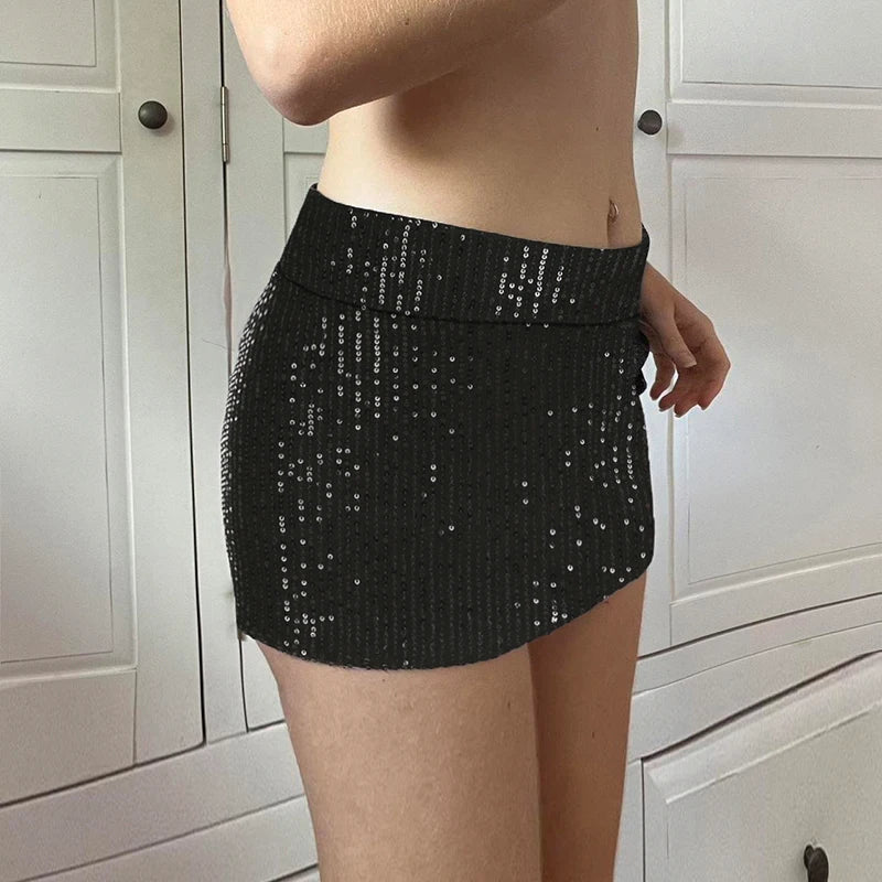 Vintage Sequin Solid Low Rise Skinny Clubwear Super Short Mini Skirt Mssza