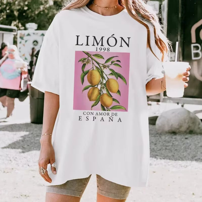Vintage Short Sleeve West Coast Slight Stretch Lemon Fruit Printed T-Shirt Mssza