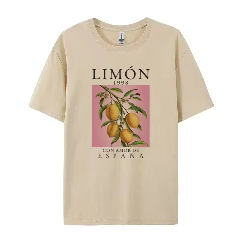 Vintage Short Sleeve West Coast Slight Stretch Lemon Fruit Printed T-Shirt Mssza