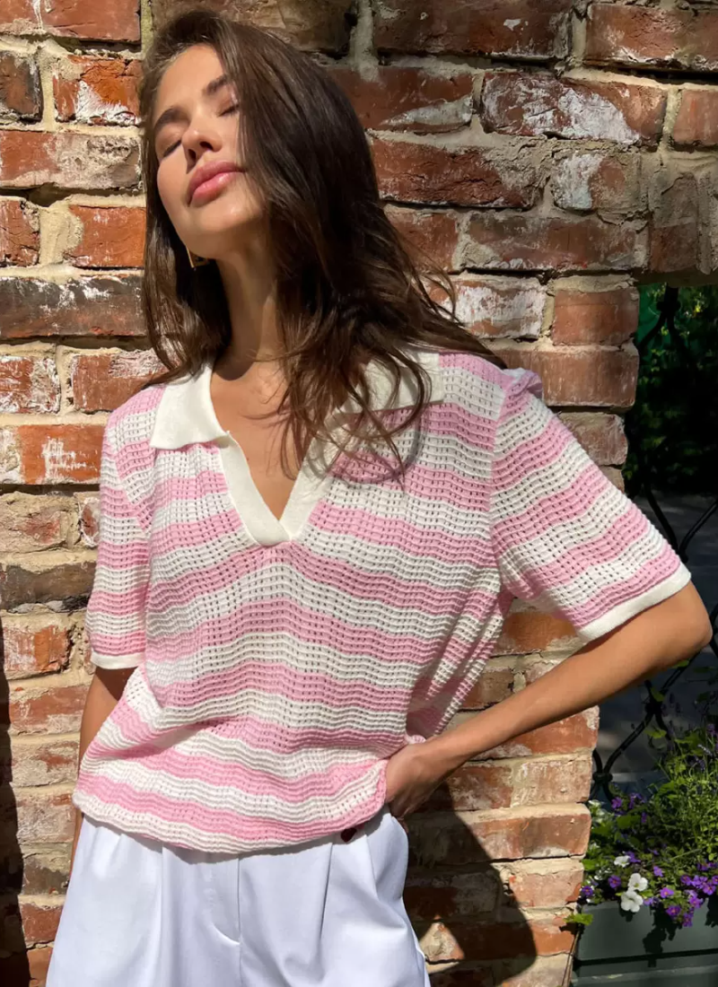 Vintage Short Sleeves Tees Stripes Turndown Collar Acrylic Tee Shirt Mssza