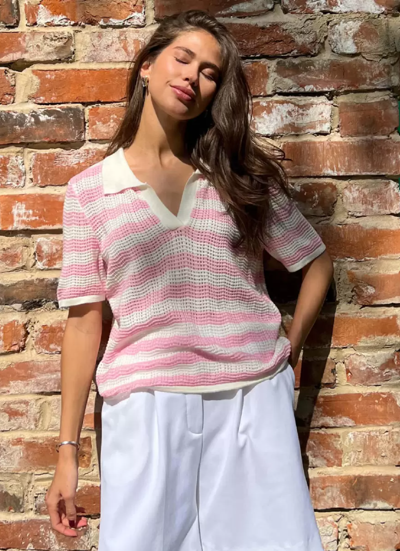 Vintage Short Sleeves Tees Stripes Turndown Collar Acrylic Tee Shirt Mssza