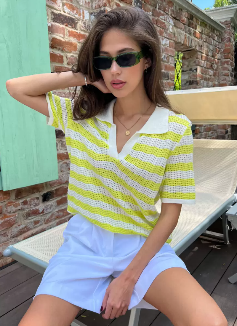 Vintage Short Sleeves Tees Stripes Turndown Collar Acrylic Tee Shirt Mssza