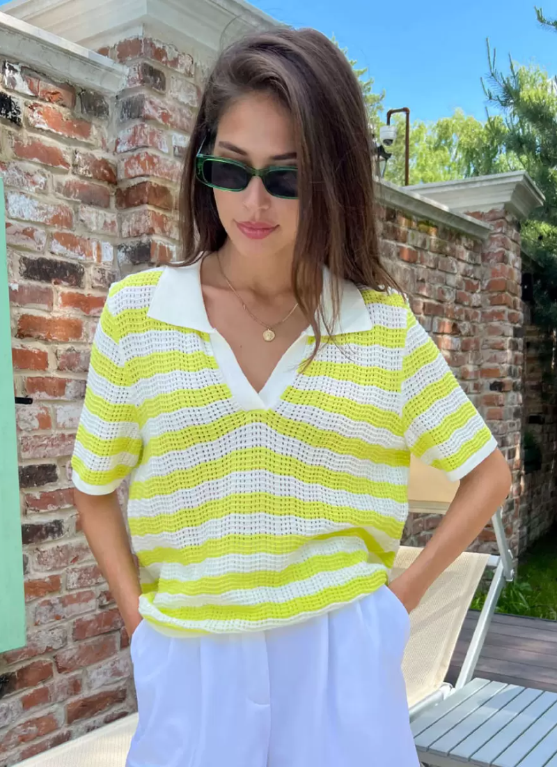 Vintage Short Sleeves Tees Stripes Turndown Collar Acrylic Tee Shirt Mssza