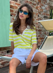 Vintage Short Sleeves Tees Stripes Turndown Collar Acrylic Tee Shirt Mssza