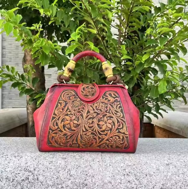 Vintage Silt Pocket Carved Leather Designer Handbags Mssza
