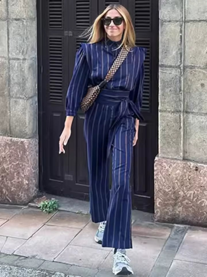 Vintage Single Breasted Lace Up Striped Lapel Top And Pants Striped 2 Piece Sets Mssza