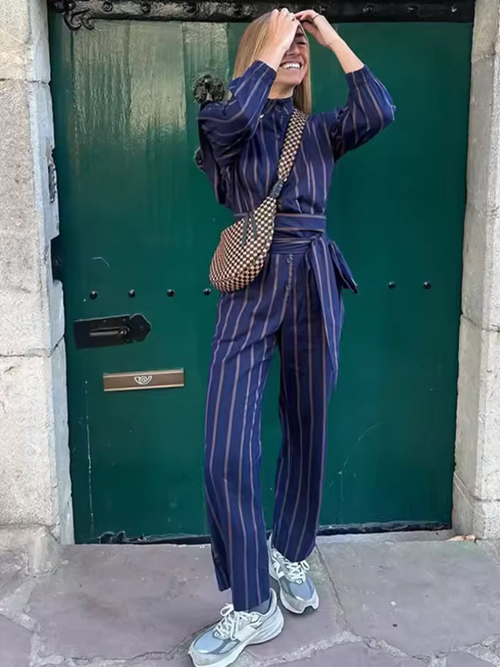 Vintage Single Breasted Lace Up Striped Lapel Top And Pants Striped 2 Piece Sets Mssza