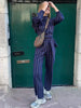 Vintage Single Breasted Lace Up Striped Lapel Top And Pants Striped 2 Piece Sets Mssza