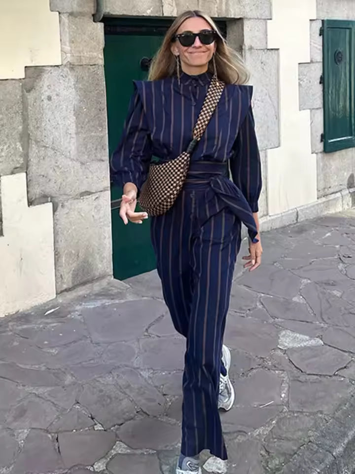 Vintage Single Breasted Lace Up Striped Lapel Top And Pants Striped 2 Piece Sets Mssza