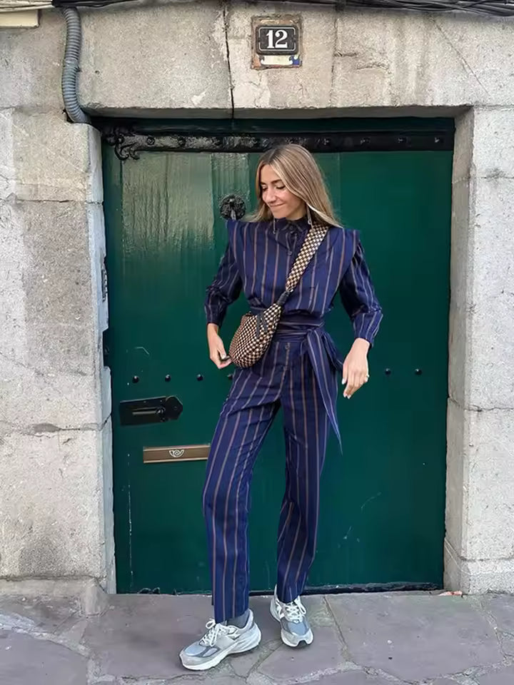 Vintage Single Breasted Lace Up Striped Lapel Top And Pants Striped 2 Piece Sets Mssza