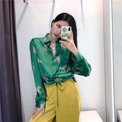 Vintage Single Breasted Long Sleeve Leopard Print Chiffon Blouse Mssza