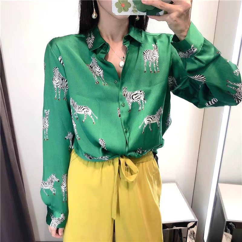 Vintage Single Breasted Long Sleeve Leopard Print Chiffon Blouse Mssza