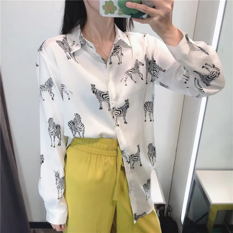 Vintage Single Breasted Long Sleeve Leopard Print Chiffon Blouse Mssza
